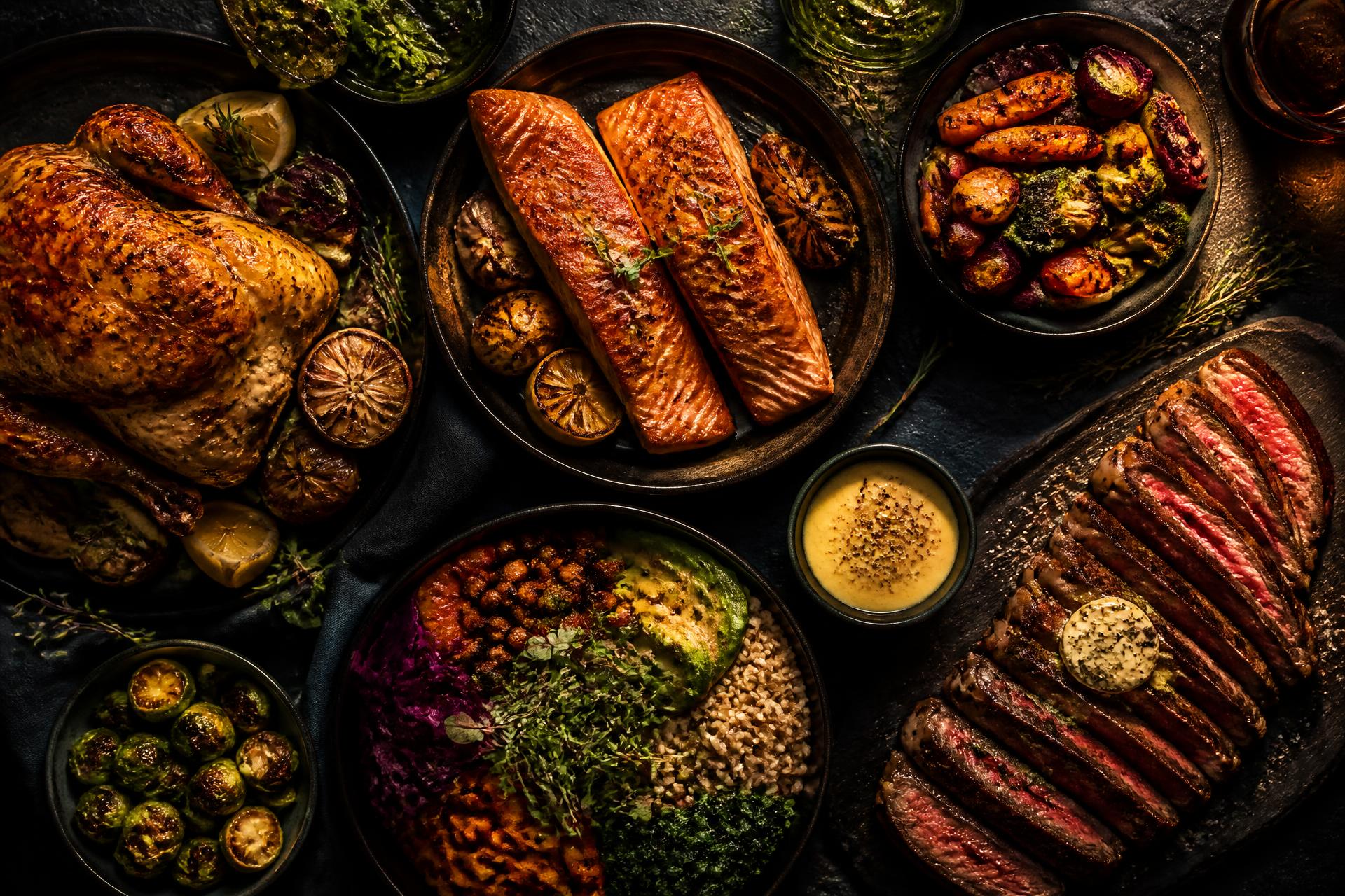 A spread of prepared meals, seafood, and produce on a table
